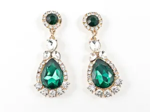 Stylish Elegant Round & Pear Shape Green Color Crystal Dangle Gold Tone Fashion Earrings