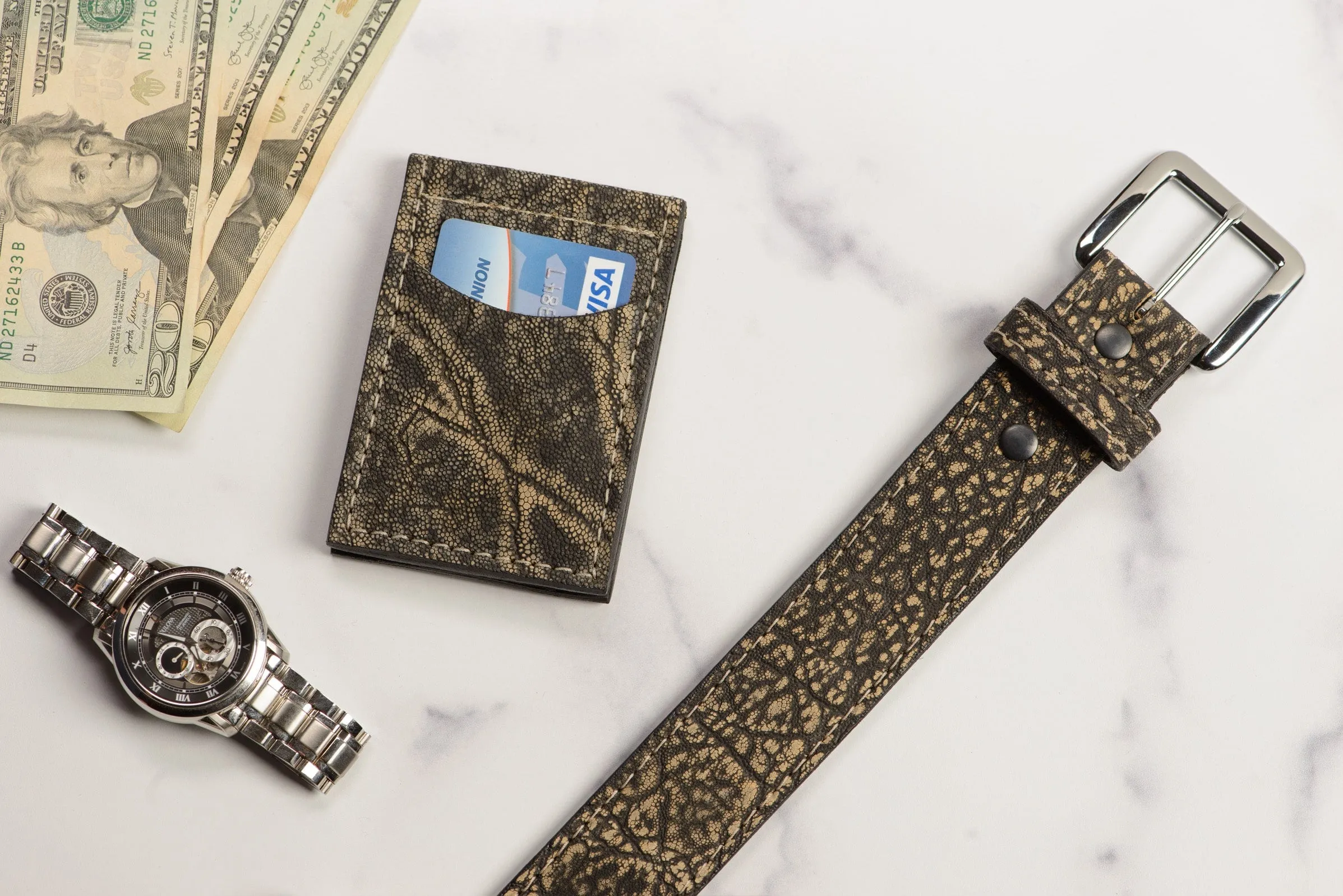 Tree Bark Elephant Bifold Slim Profile Wallet With Money Clip
