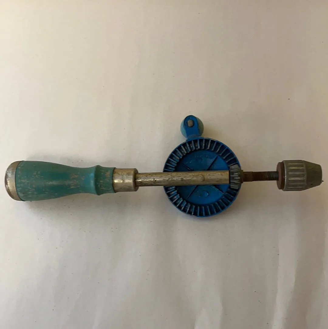 €U<a* Vintage Tools Hand Drill Auger Bit Brace Woodworking Carpentry Blue Green
