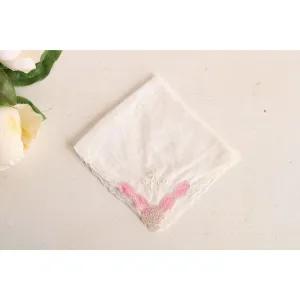 Vintage 1940s 1950s White Embroidered Linen Hanky With Pink Trim