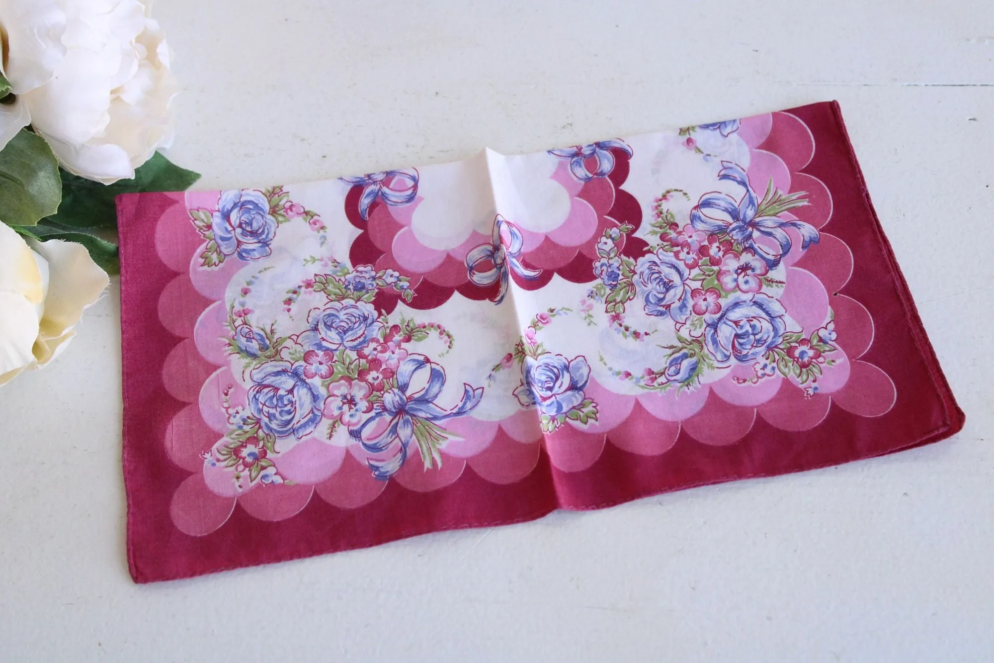 Vintage 1950s Blue Rose Flower Print Cotton Hanky
