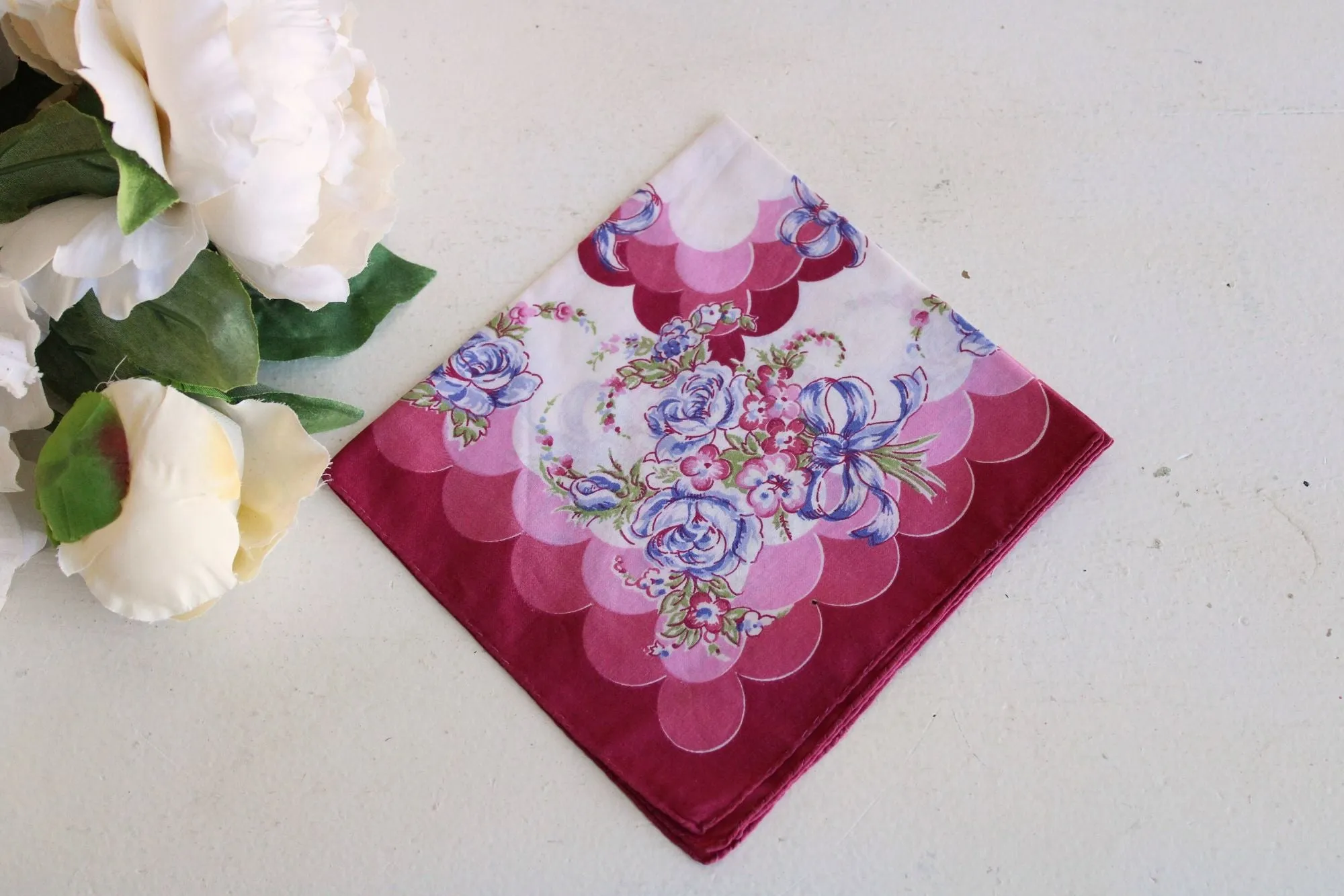 Vintage 1950s Blue Rose Flower Print Cotton Hanky