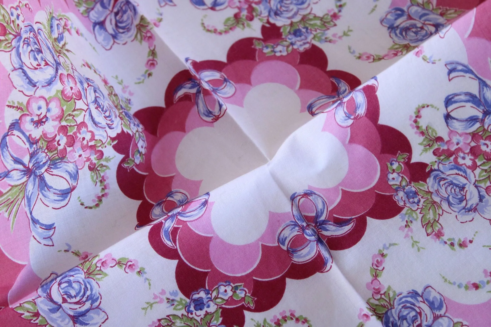 Vintage 1950s Blue Rose Flower Print Cotton Hanky