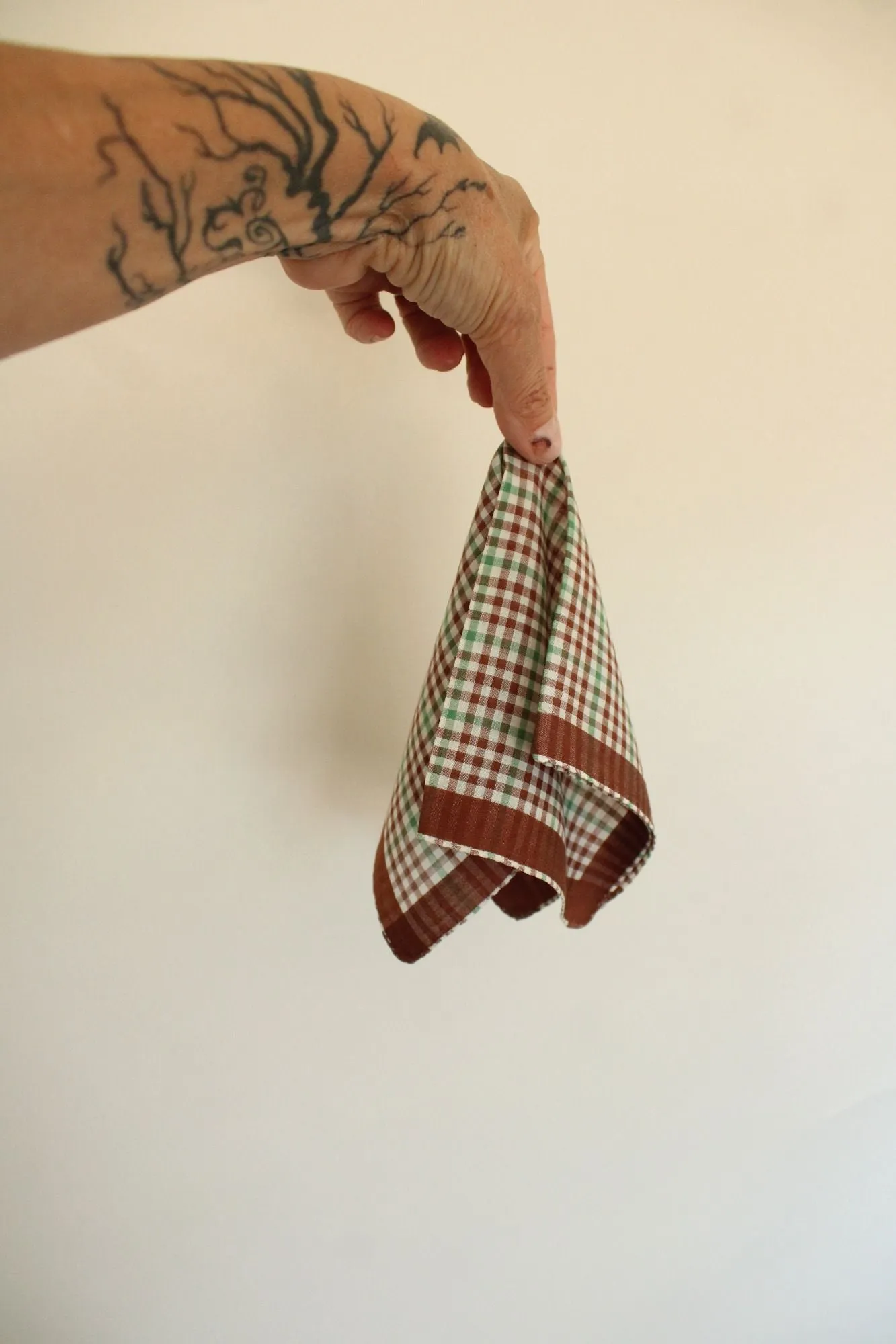 Vintage 1950s Brown and Green Plaid Handkerchief