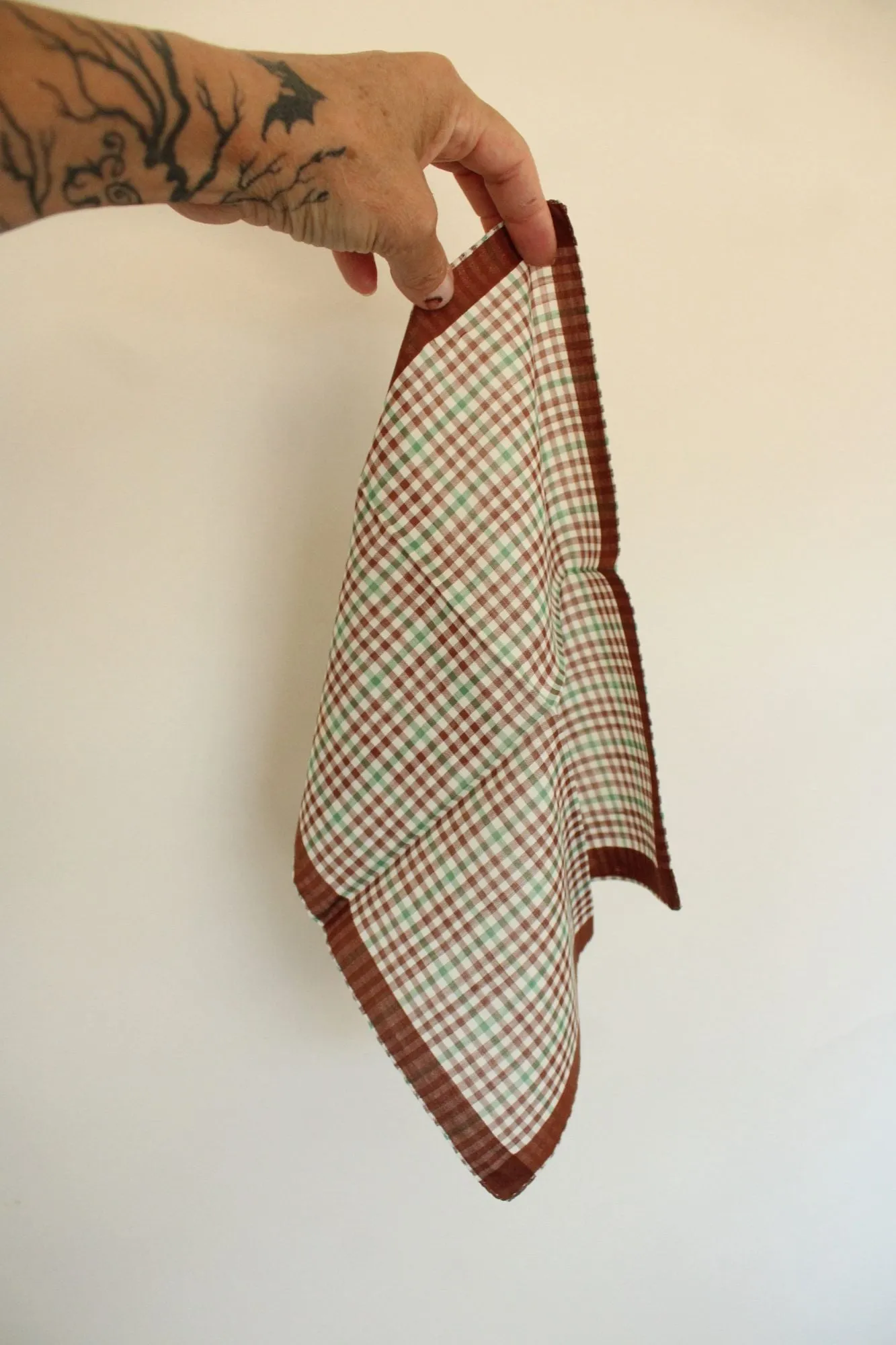 Vintage 1950s Brown and Green Plaid Handkerchief