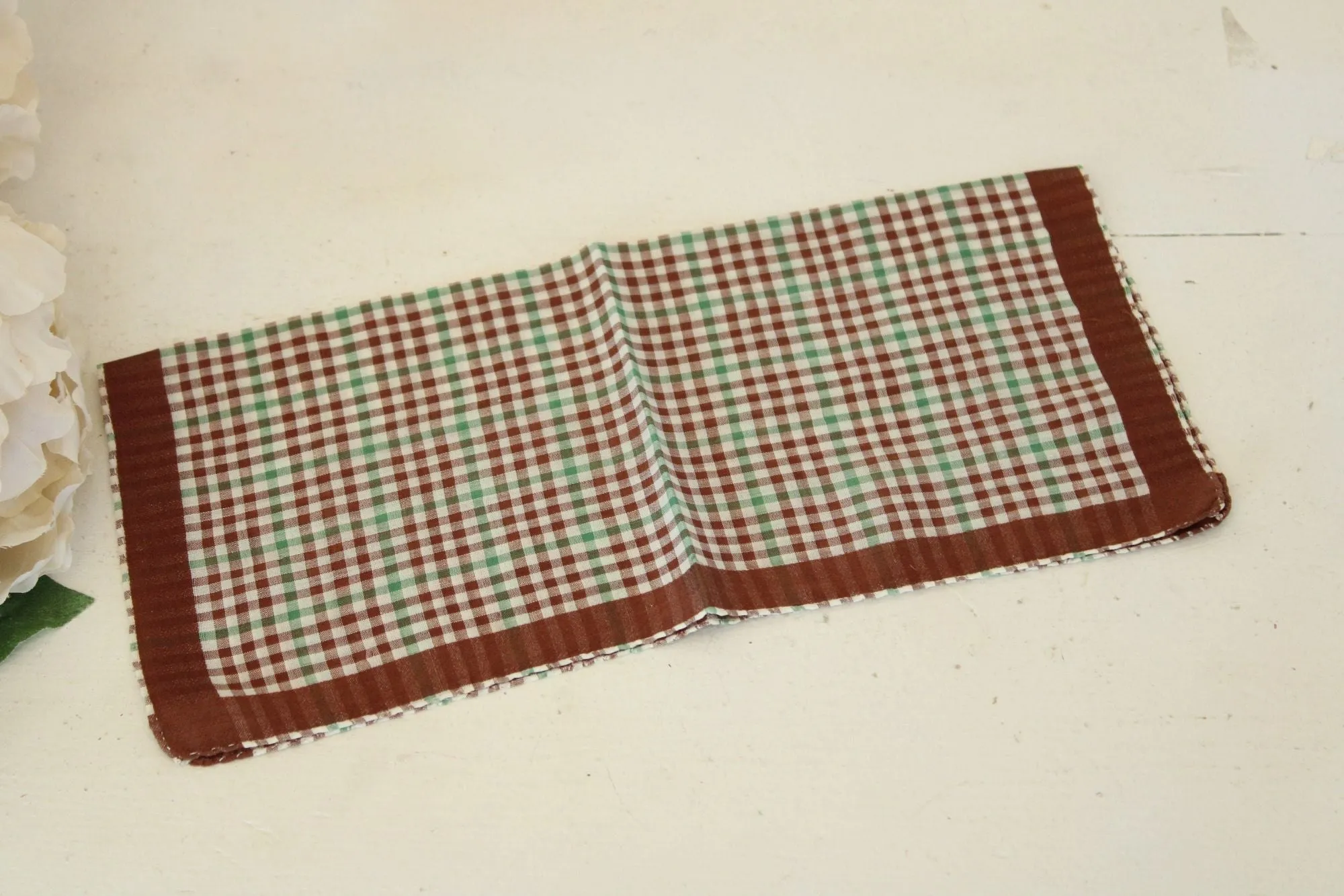 Vintage 1950s Brown and Green Plaid Handkerchief