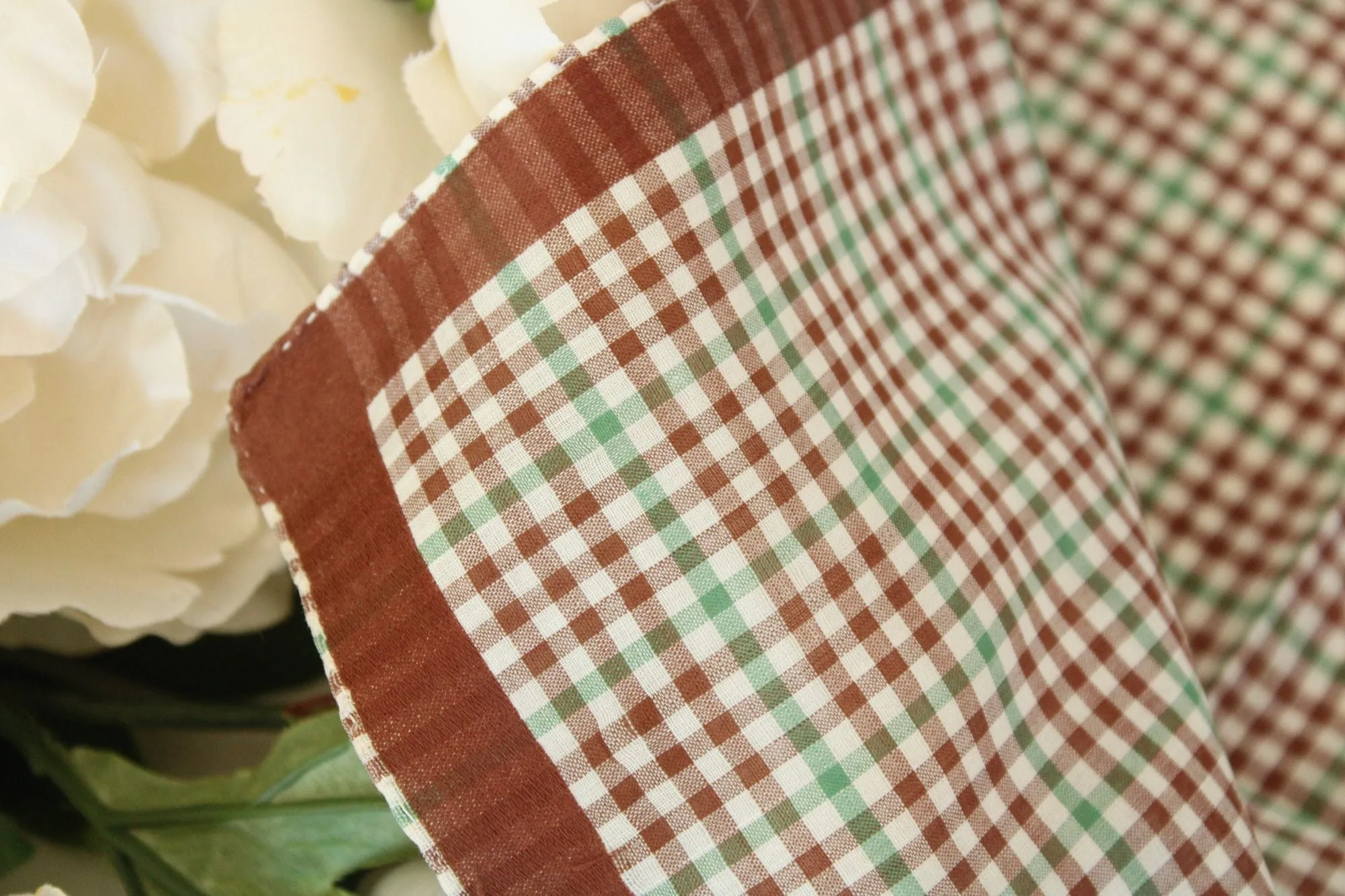 Vintage 1950s Brown and Green Plaid Handkerchief