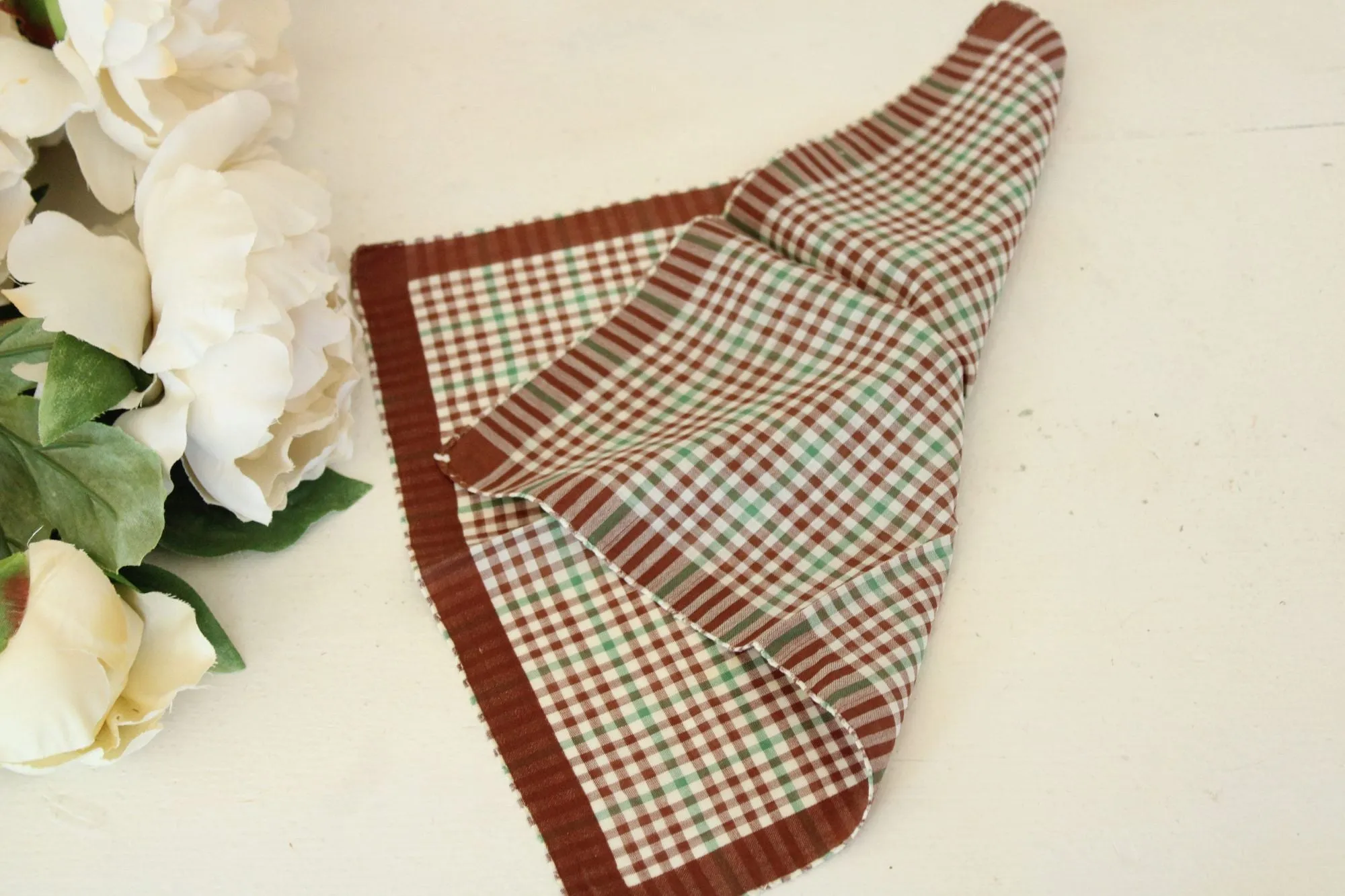 Vintage 1950s Brown and Green Plaid Handkerchief