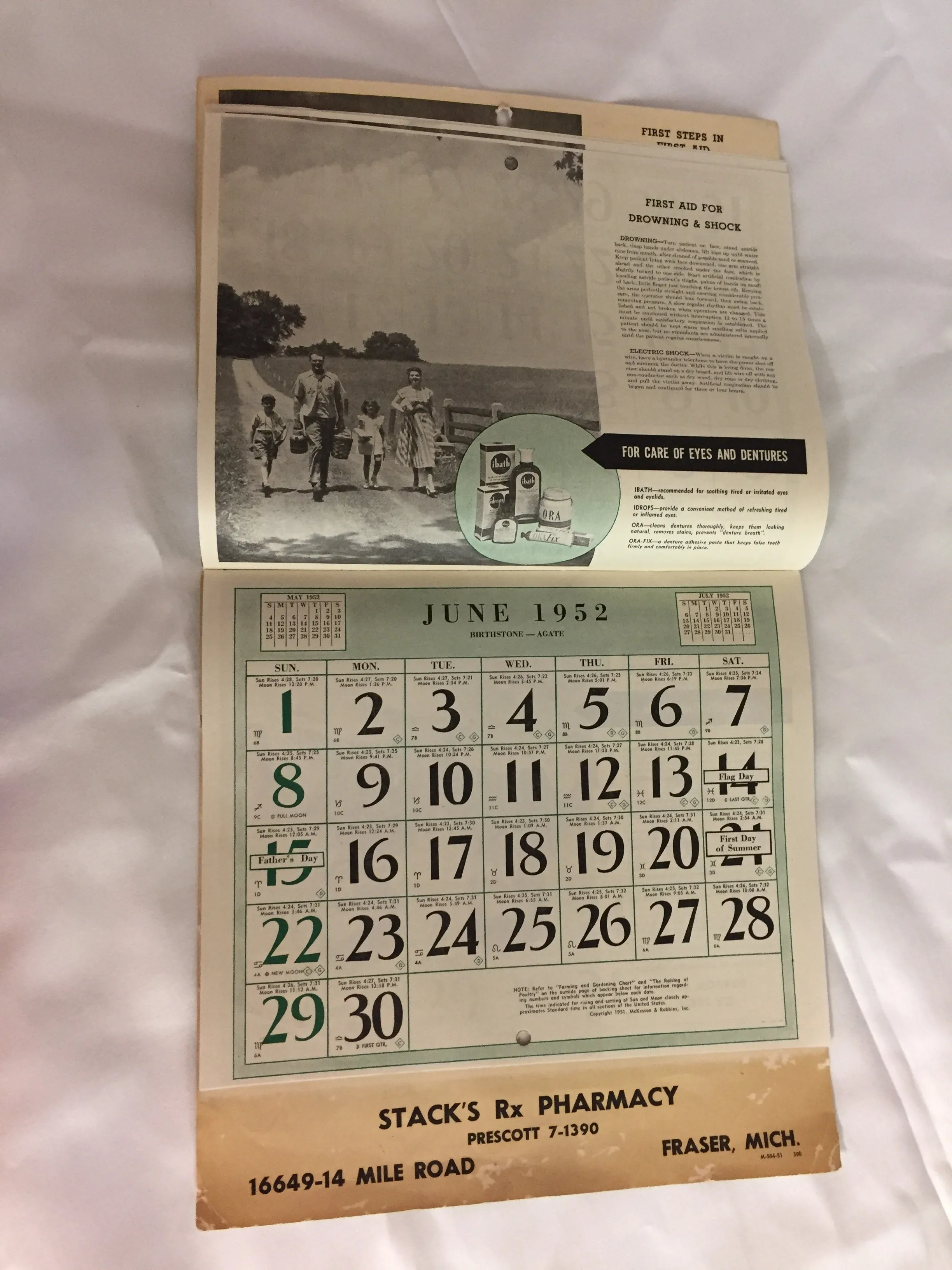 Vintage 1952 Stack's Rx Pharmacy Advertising Calendar First Aid & Good Health