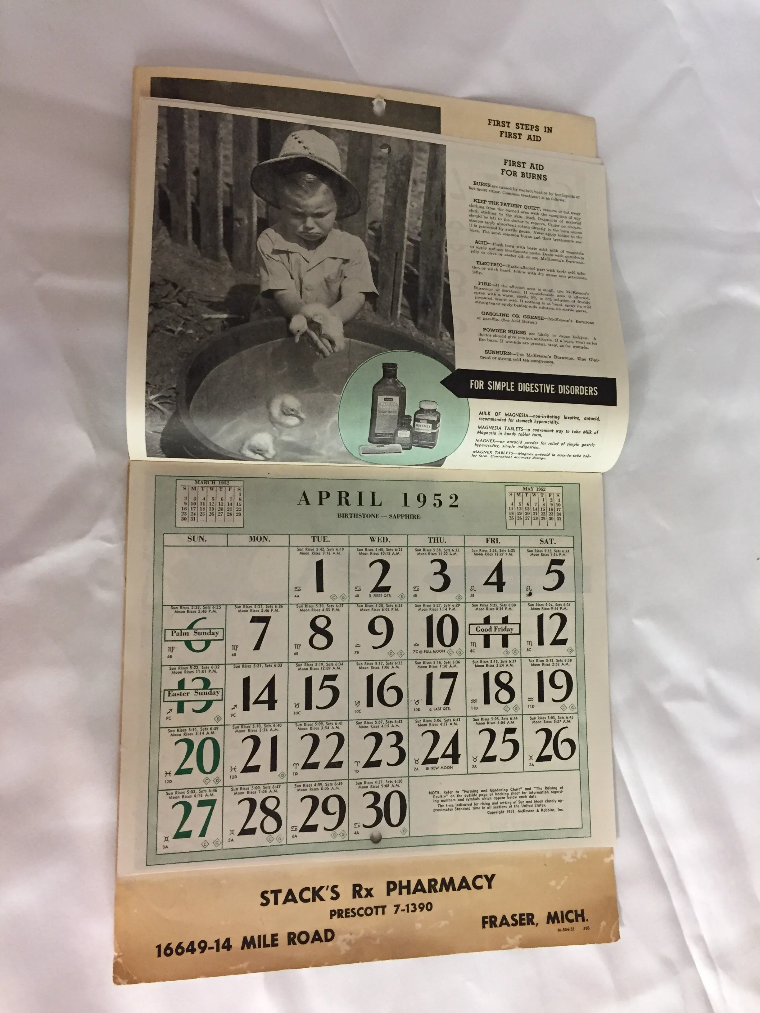 Vintage 1952 Stack's Rx Pharmacy Advertising Calendar First Aid & Good Health