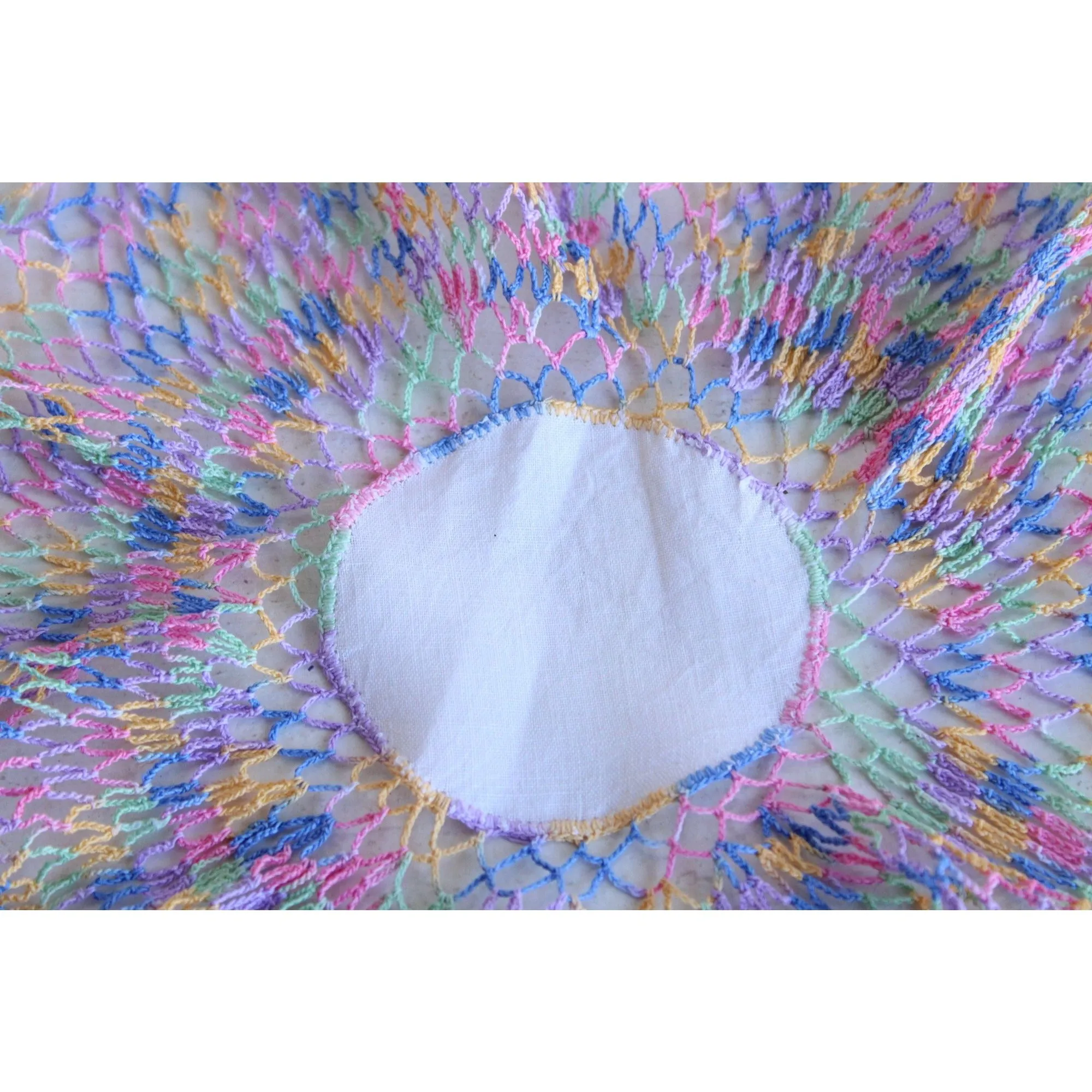 Vintage 1960s White Linen Doily with Rainbow Crochet Lace