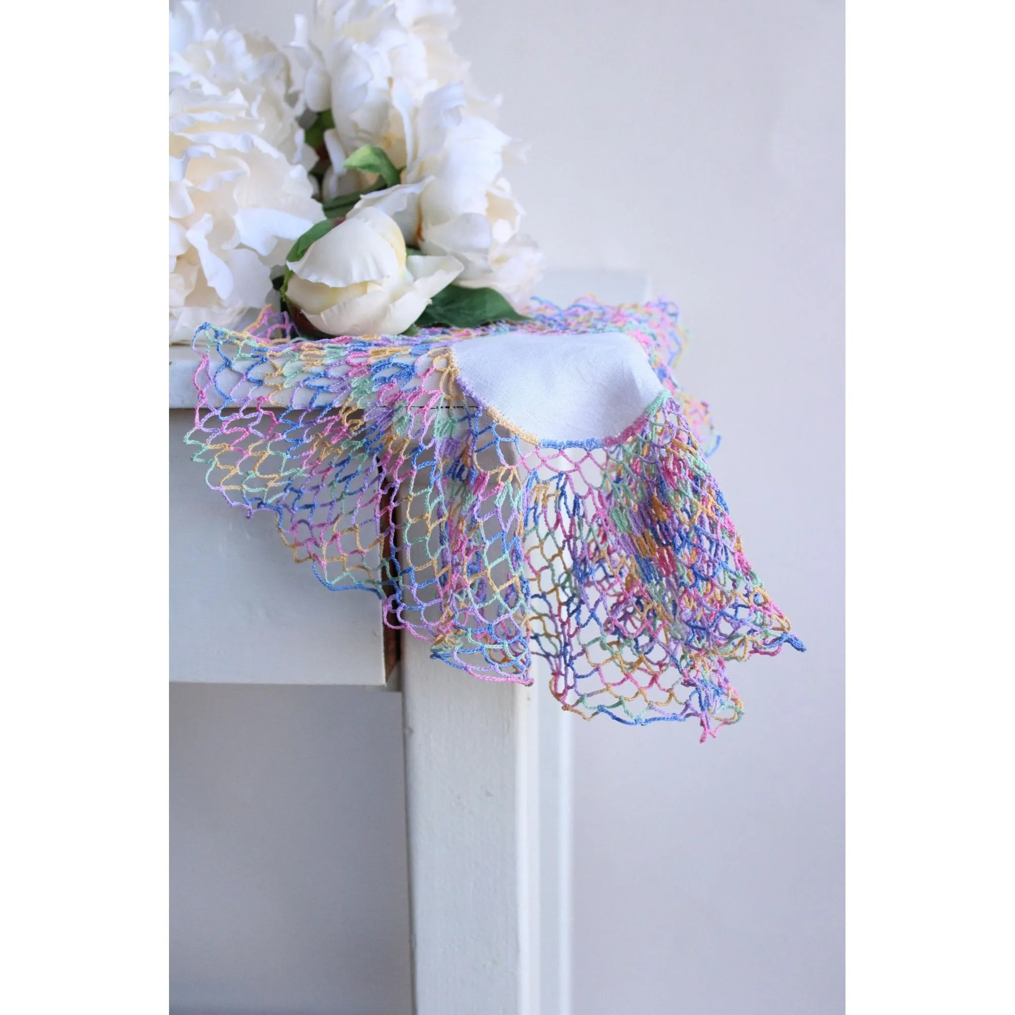Vintage 1960s White Linen Doily with Rainbow Crochet Lace