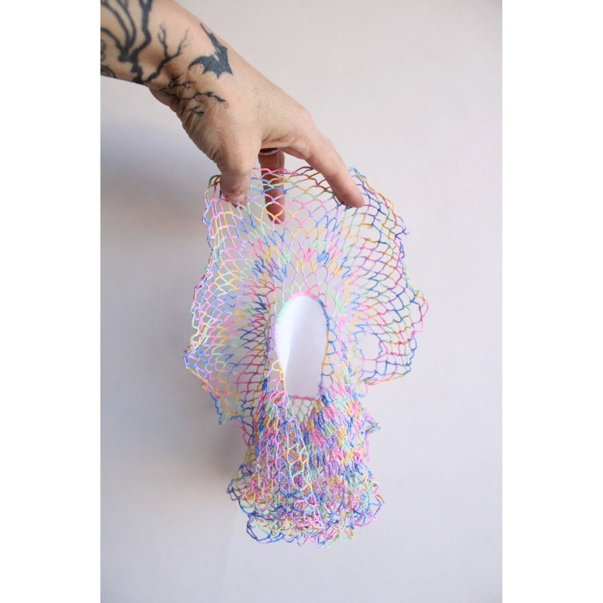Vintage 1960s White Linen Doily with Rainbow Crochet Lace