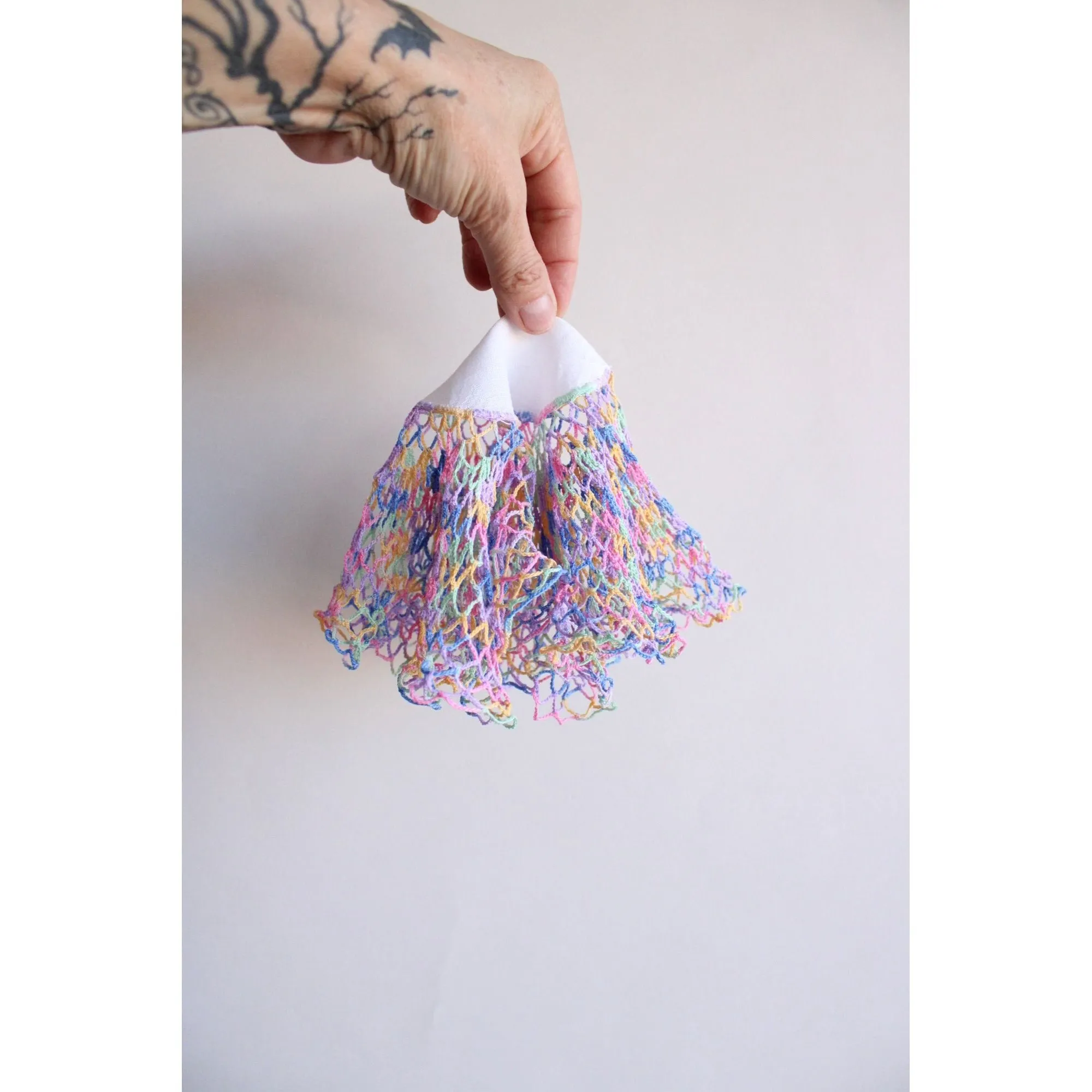 Vintage 1960s White Linen Doily with Rainbow Crochet Lace
