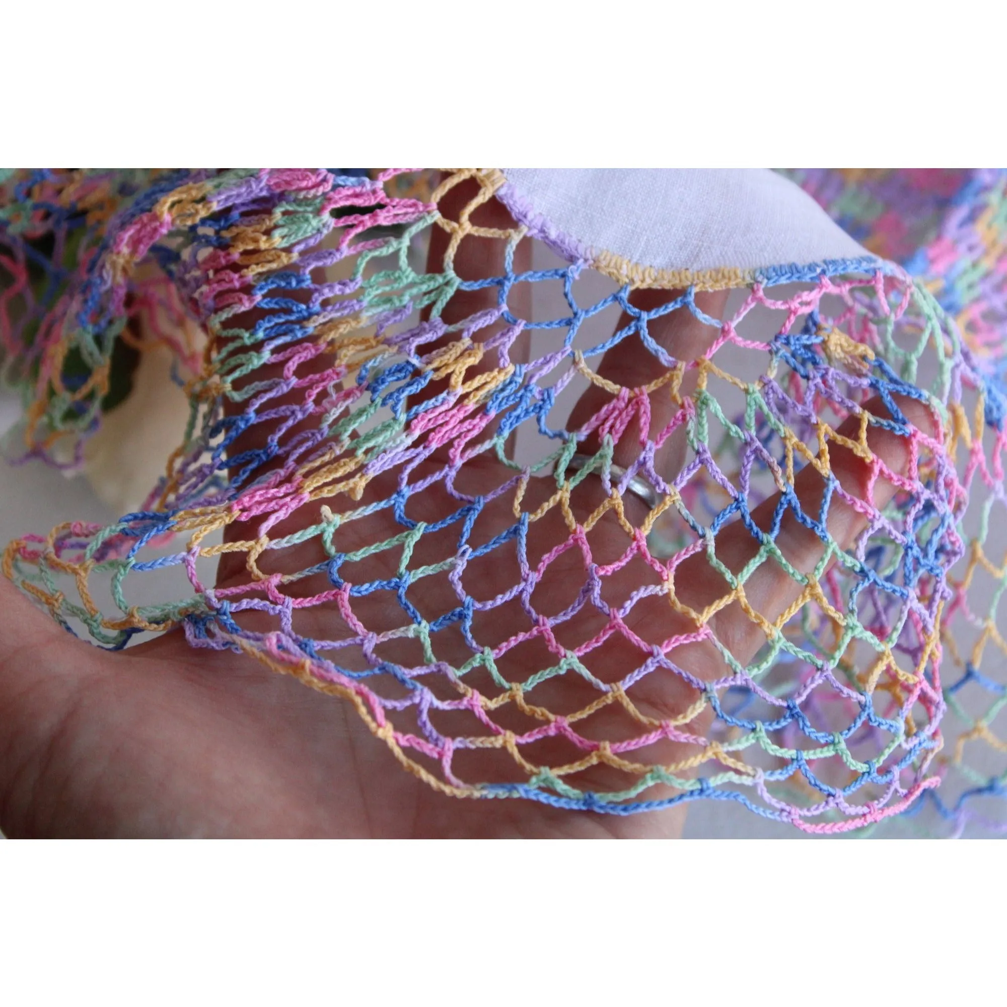 Vintage 1960s White Linen Doily with Rainbow Crochet Lace