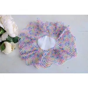 Vintage 1960s White Linen Doily with Rainbow Crochet Lace