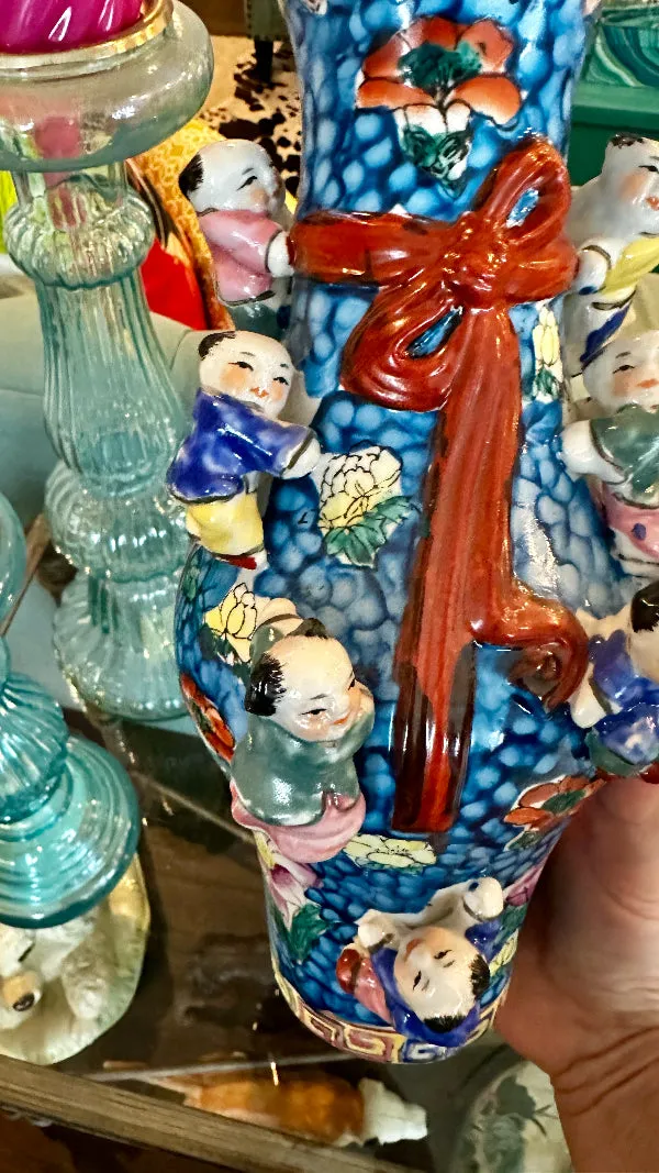 Vintage Asian Vase, Famille Rose, Fertility