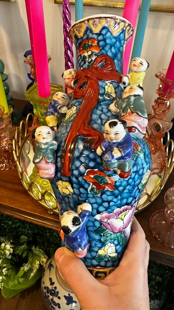Vintage Asian Vase, Famille Rose, Fertility