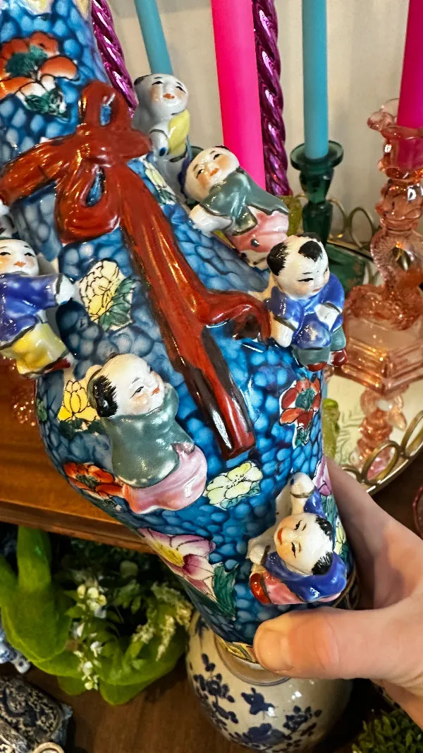 Vintage Asian Vase, Famille Rose, Fertility