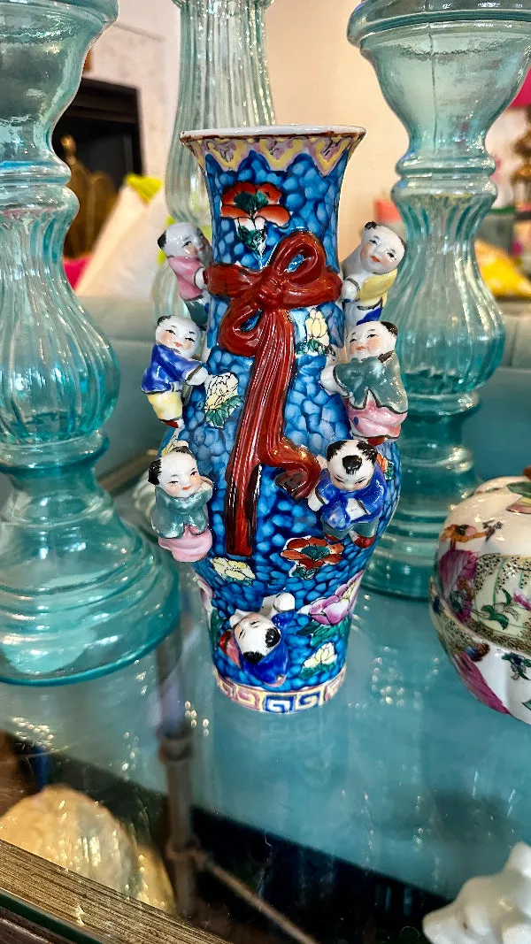 Vintage Asian Vase, Famille Rose, Fertility