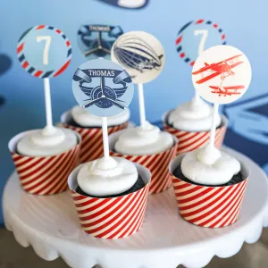 Vintage Blimp and Biplane Cupcake Toppers & Cupcake Wrappers | Military Airplanes