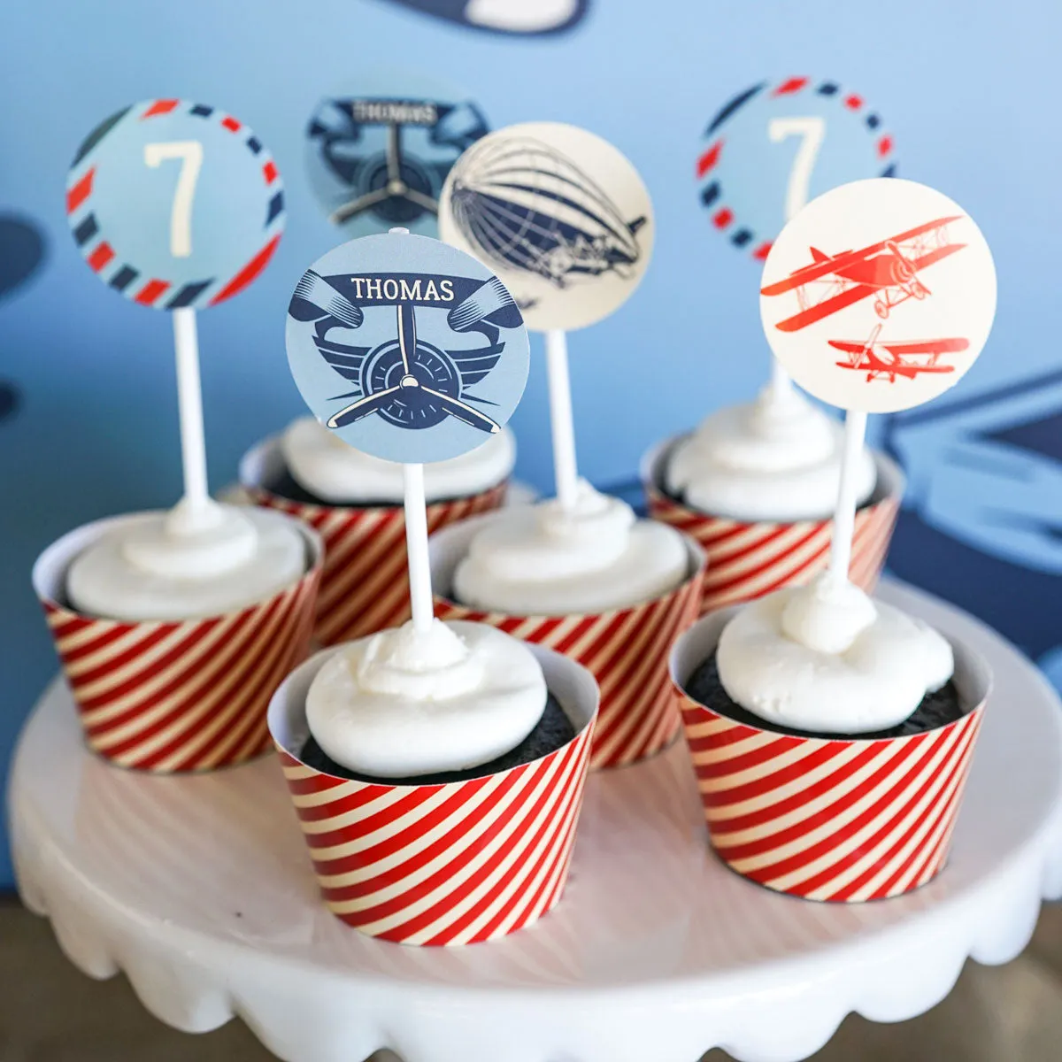 Vintage Blimp and Biplane Cupcake Toppers & Cupcake Wrappers | Military Airplanes