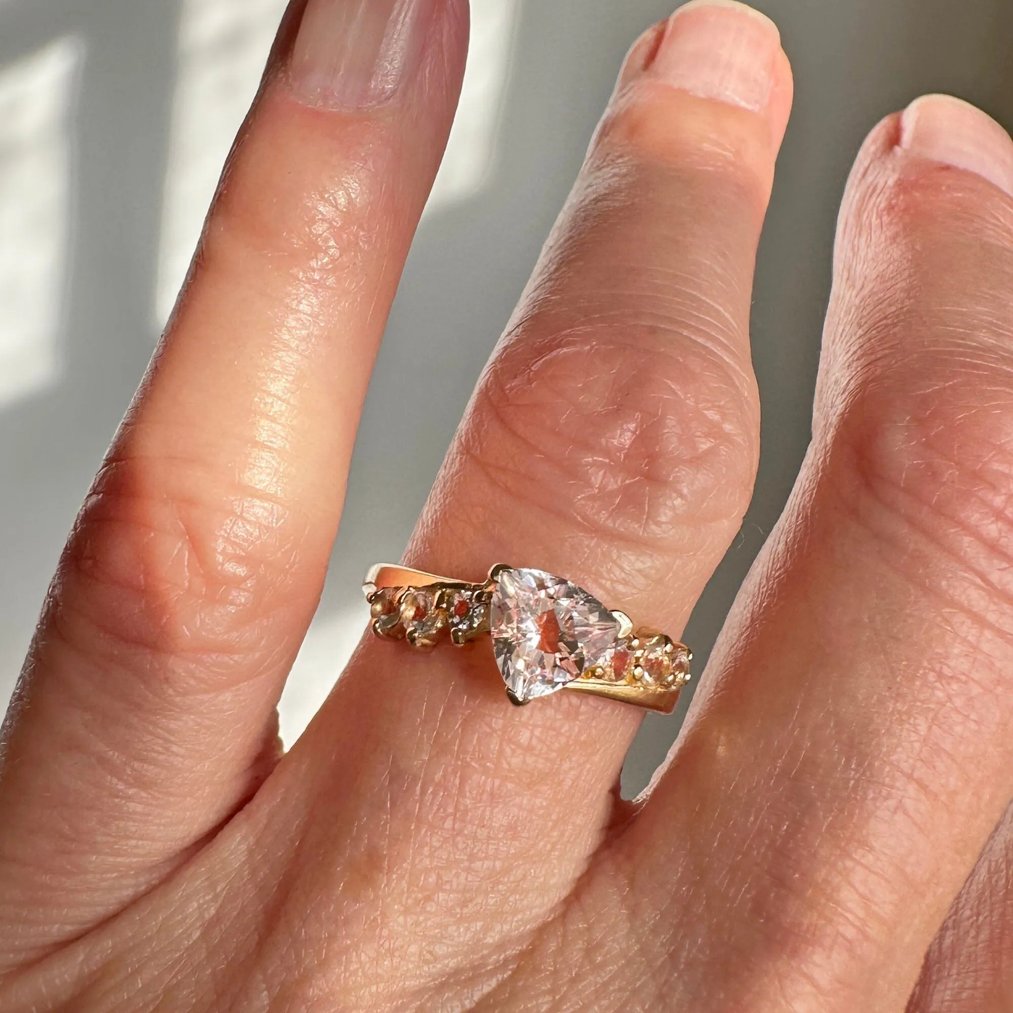 Vintage Gold Bypass Trillion Cut Pink Morganite Ring