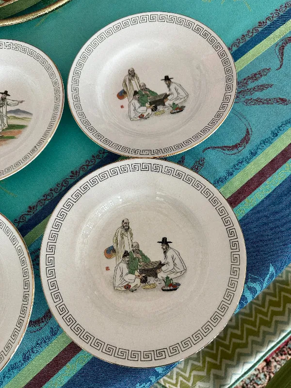 Vintage Ironstone Shallow Bowls, Korean, Hand Painted, Set of 6
