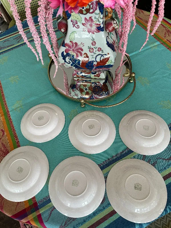 Vintage Ironstone Shallow Bowls, Korean, Hand Painted, Set of 6