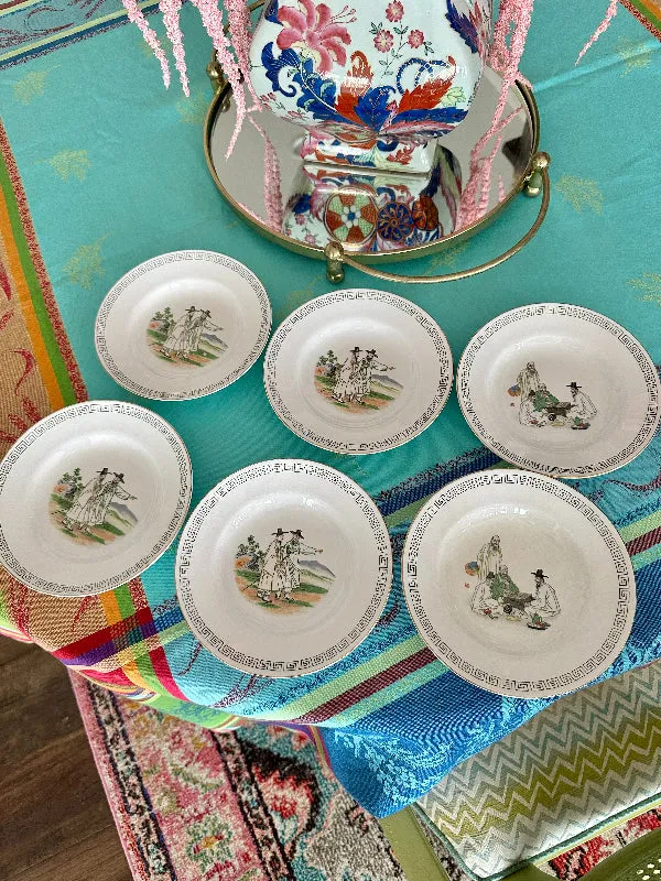 Vintage Ironstone Shallow Bowls, Korean, Hand Painted, Set of 6