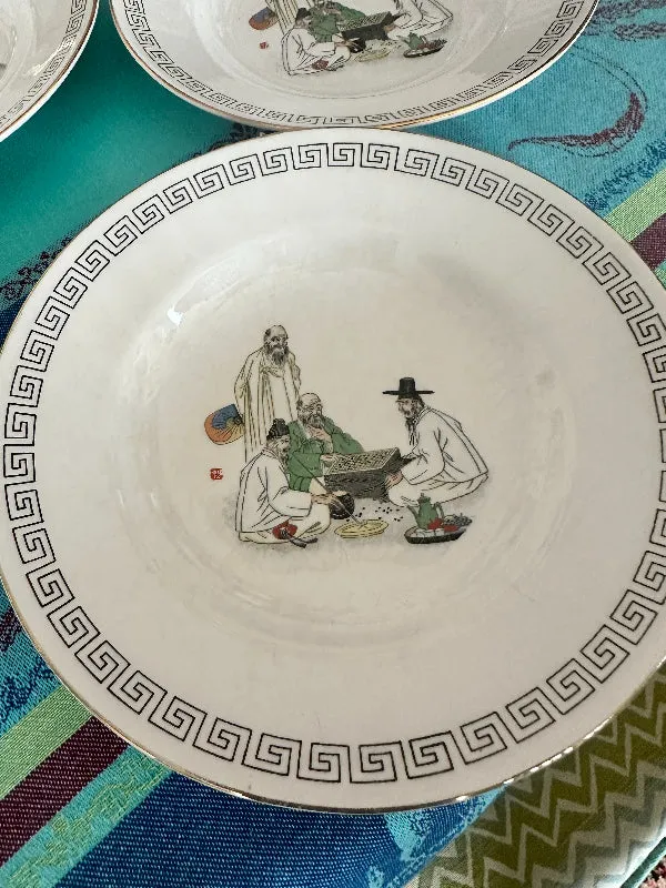 Vintage Ironstone Shallow Bowls, Korean, Hand Painted, Set of 6