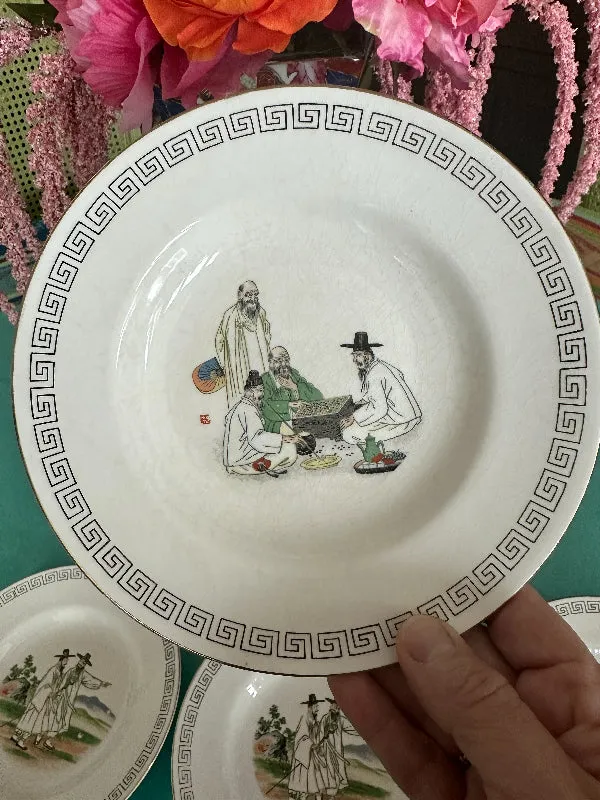 Vintage Ironstone Shallow Bowls, Korean, Hand Painted, Set of 6