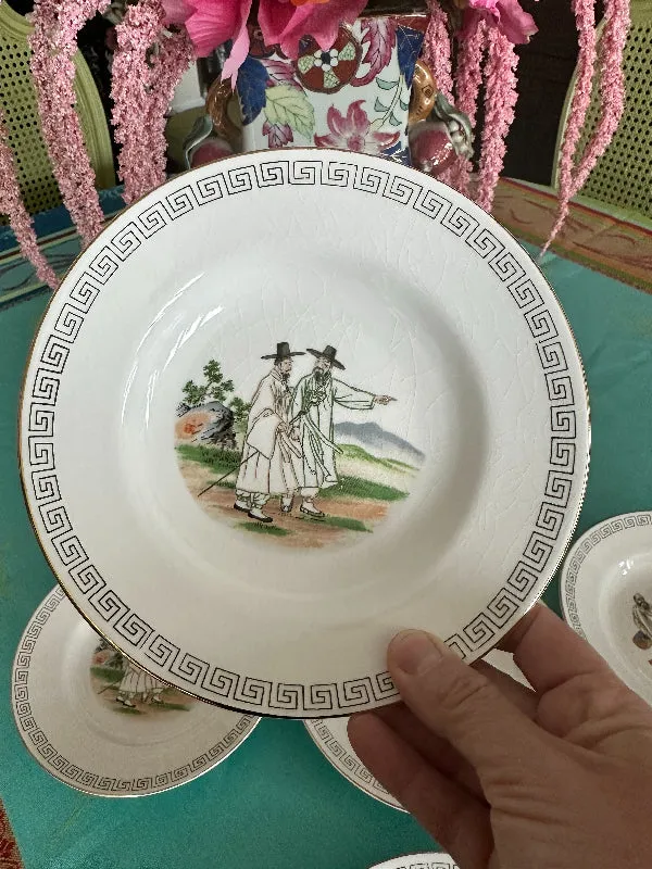 Vintage Ironstone Shallow Bowls, Korean, Hand Painted, Set of 6