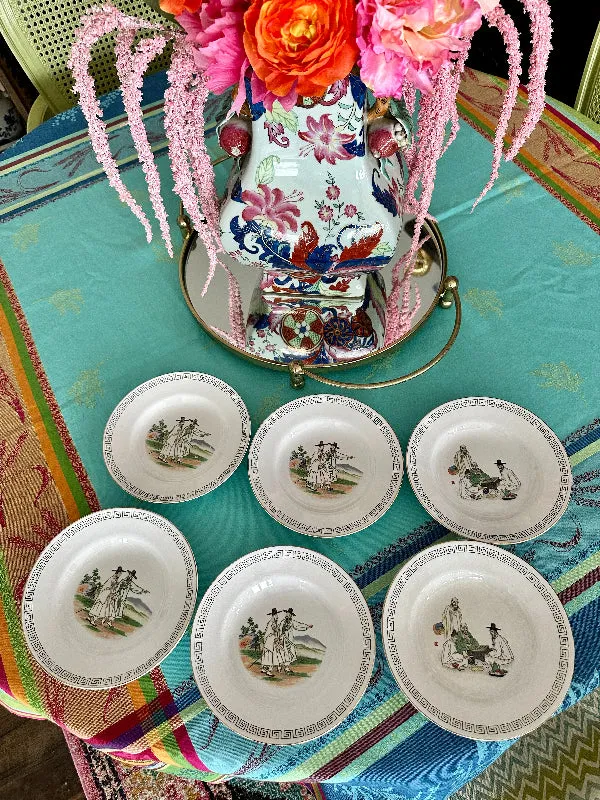 Vintage Ironstone Shallow Bowls, Korean, Hand Painted, Set of 6