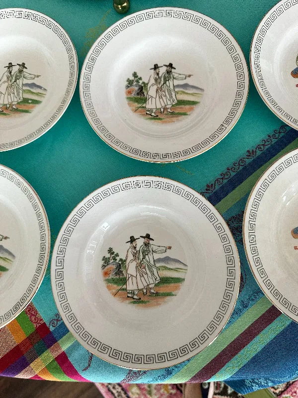 Vintage Ironstone Shallow Bowls, Korean, Hand Painted, Set of 6