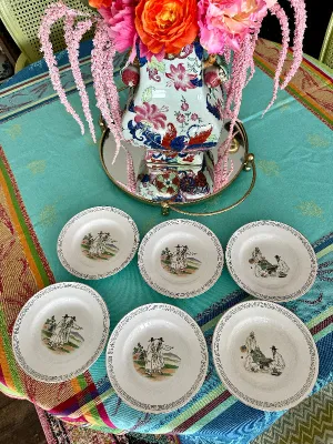 Vintage Ironstone Shallow Bowls, Korean, Hand Painted, Set of 6