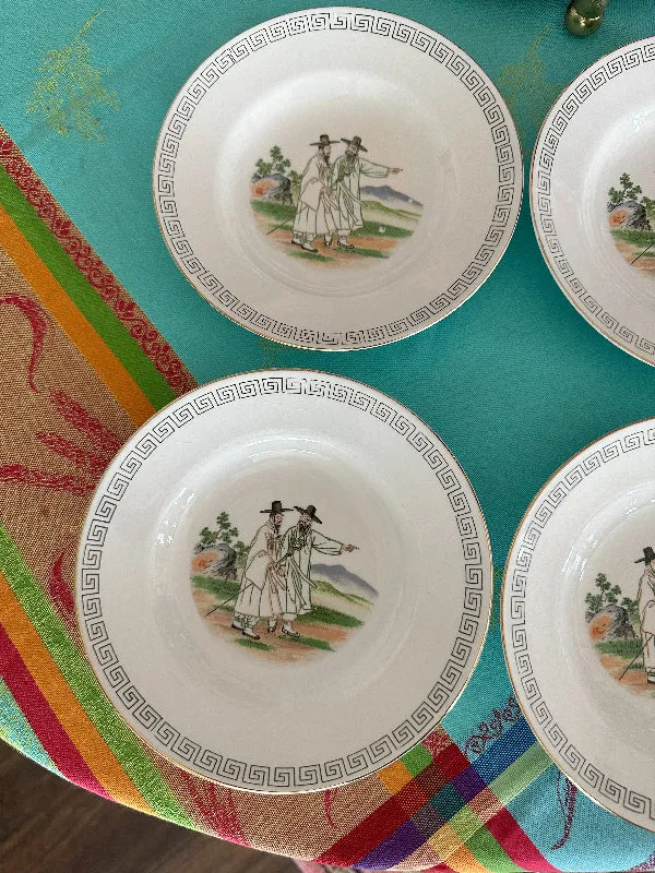 Vintage Ironstone Shallow Bowls, Korean, Hand Painted, Set of 6