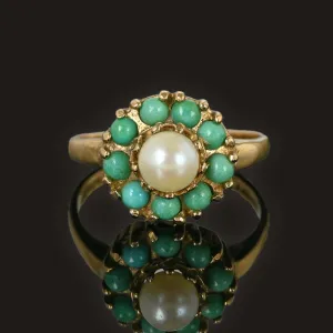 Vintage Turquoise Halo Pearl Cluster Ring
