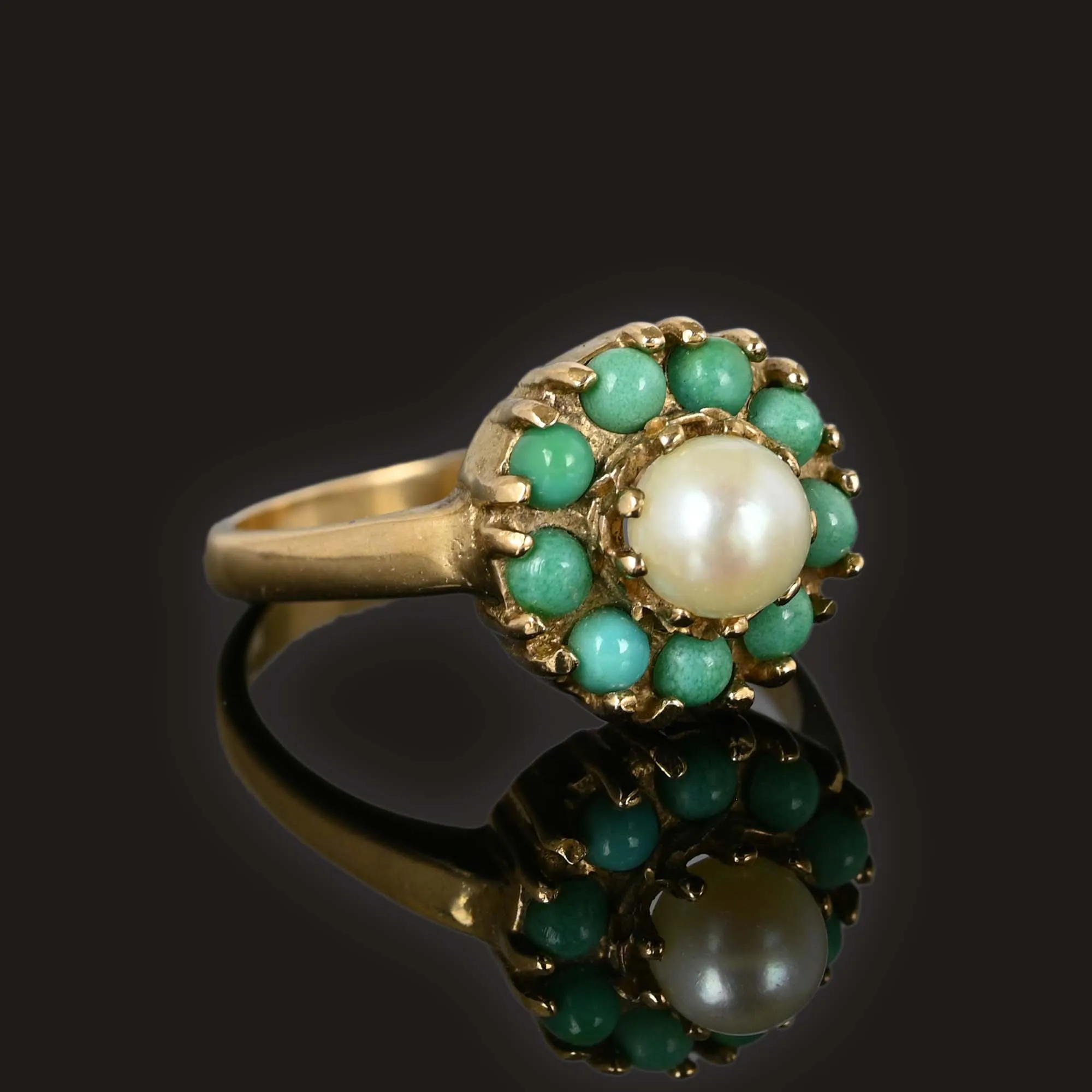 Vintage Turquoise Halo Pearl Cluster Ring
