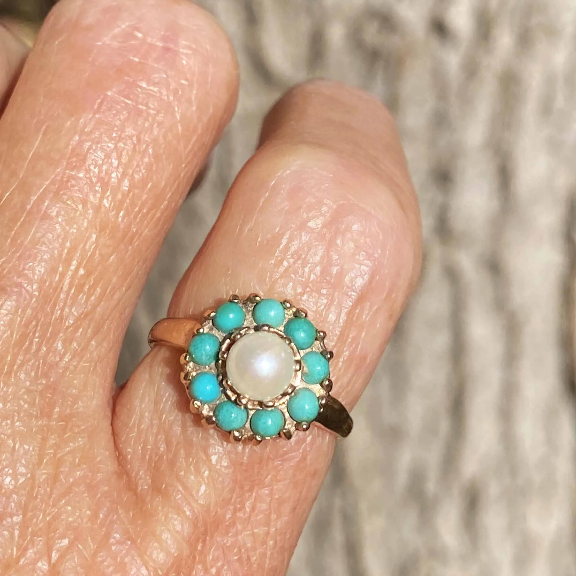 Vintage Turquoise Halo Pearl Cluster Ring