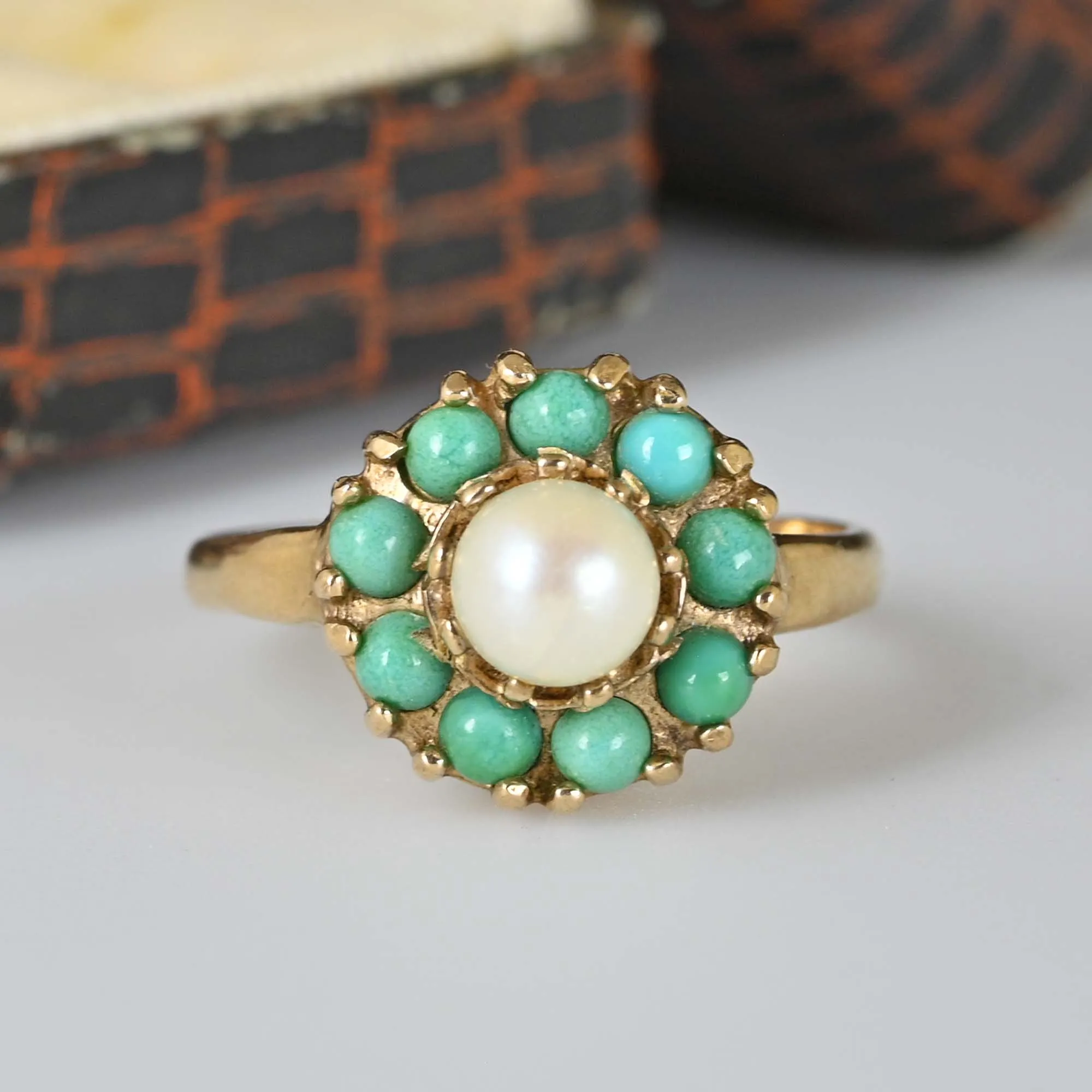 Vintage Turquoise Halo Pearl Cluster Ring