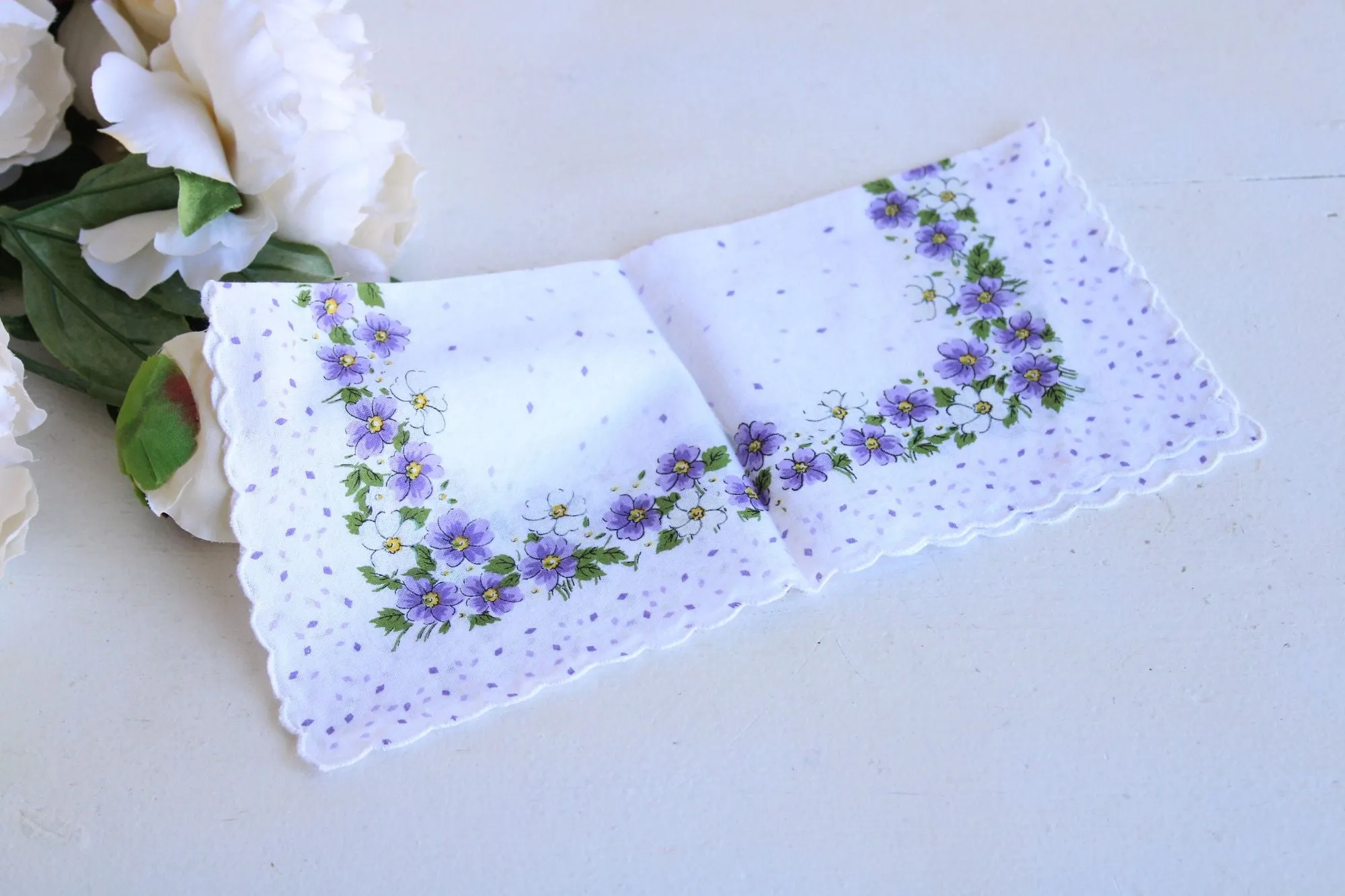 Vintage Violet Print White Cotton Hankie