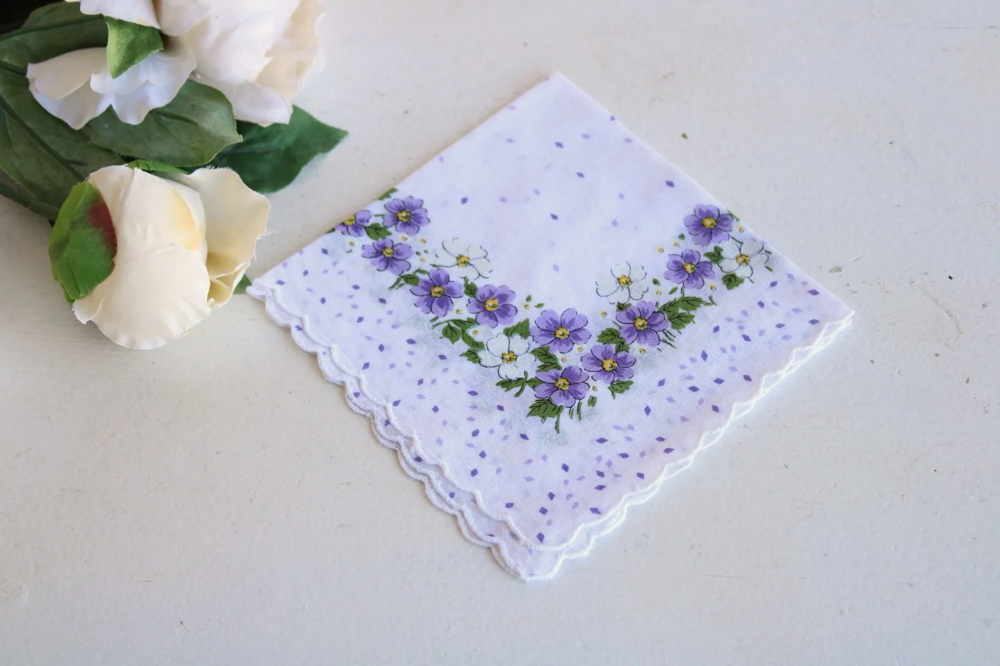 Vintage Violet Print White Cotton Hankie