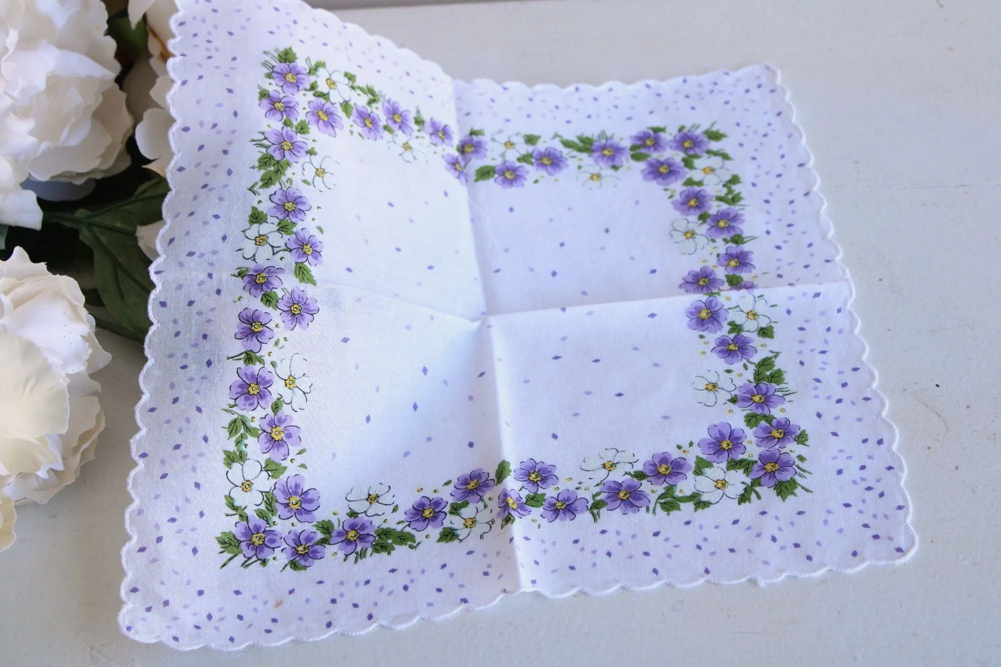 Vintage Violet Print White Cotton Hankie