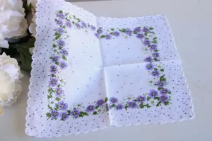 Vintage Violet Print White Cotton Hankie