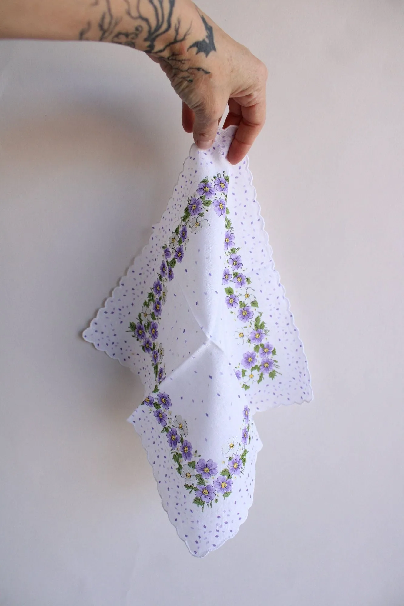 Vintage Violet Print White Cotton Hankie