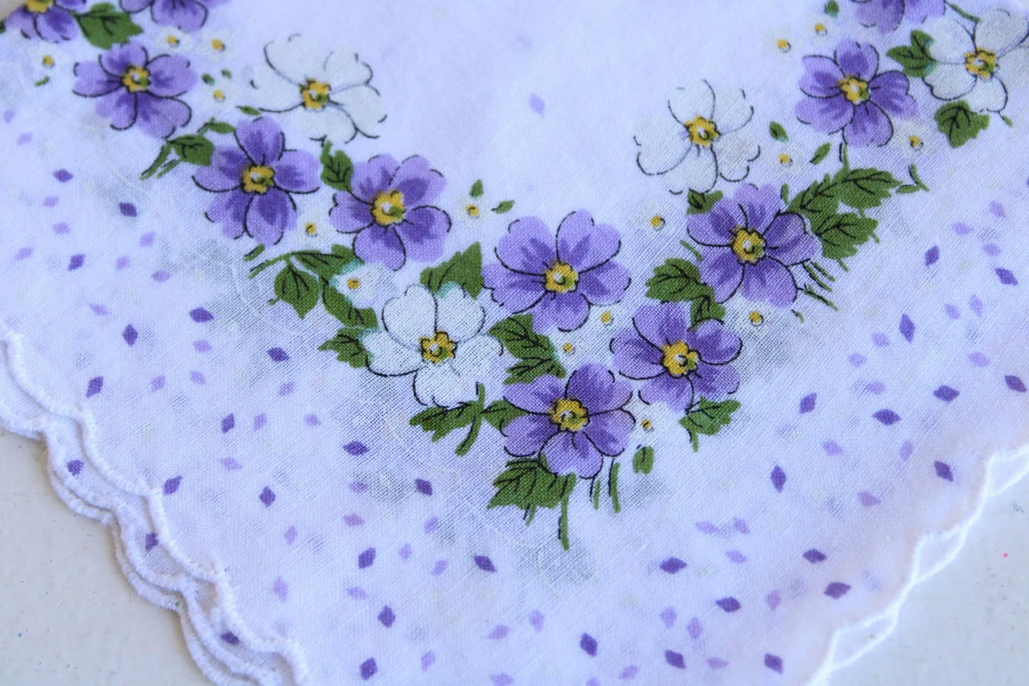 Vintage Violet Print White Cotton Hankie