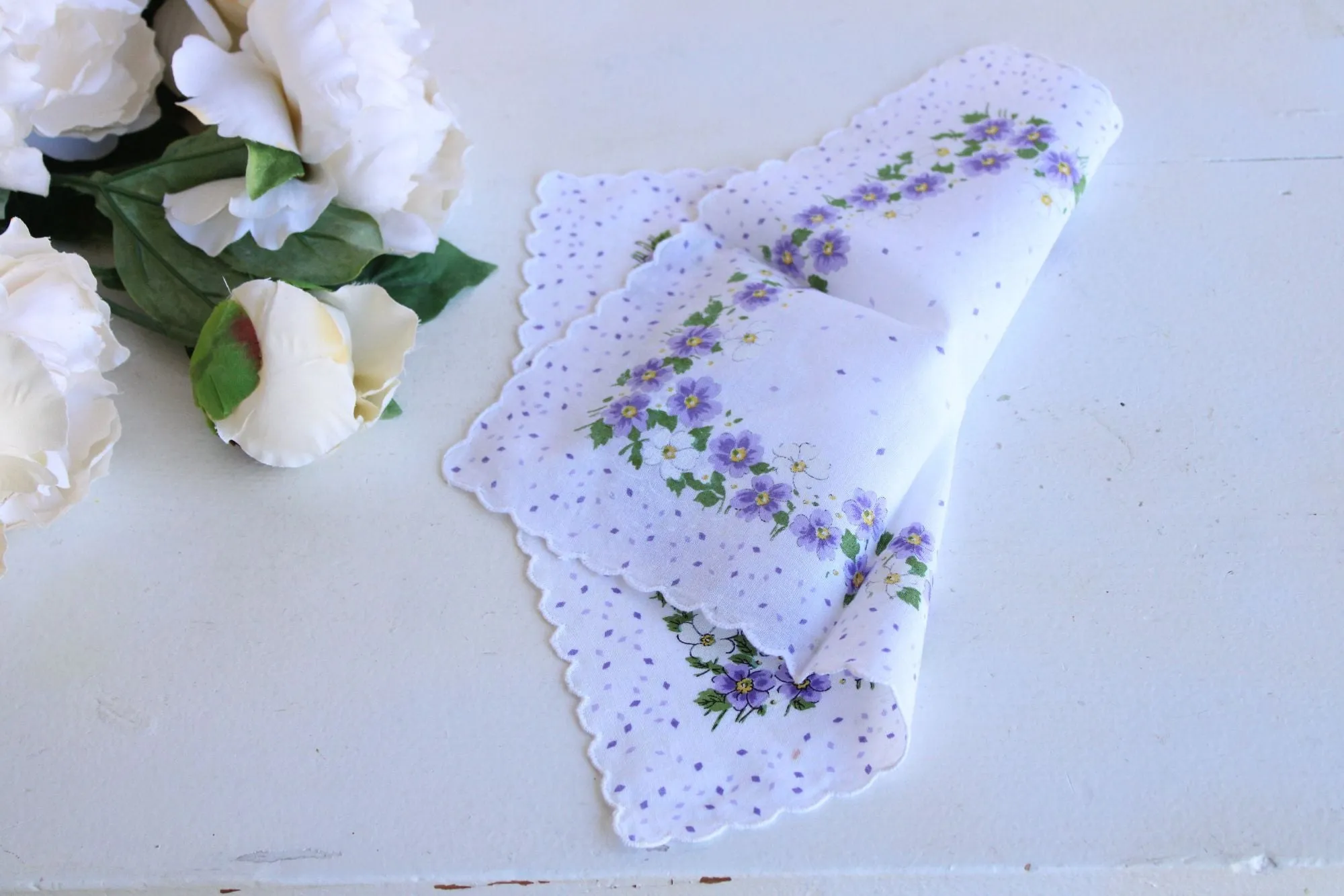 Vintage Violet Print White Cotton Hankie