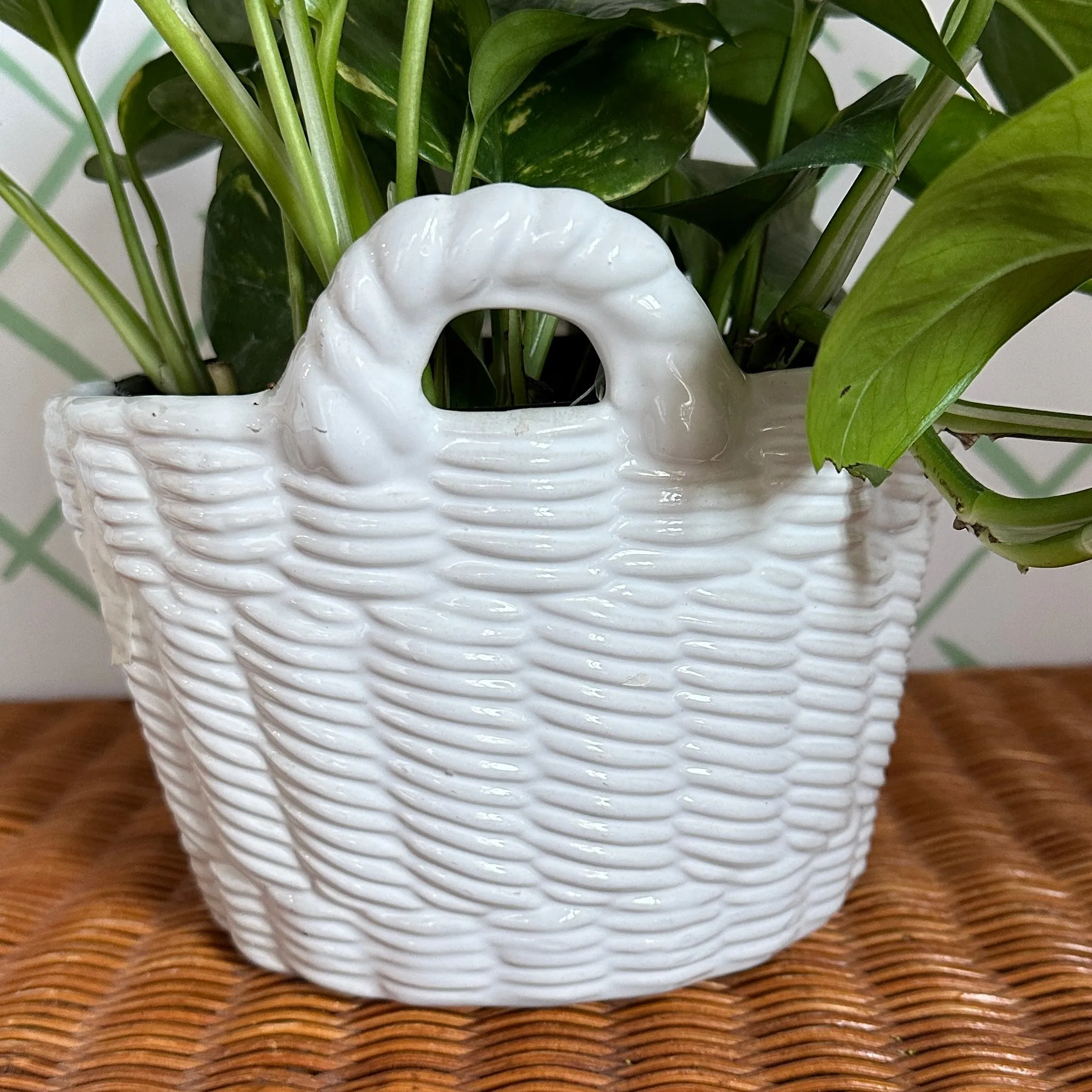 Vintage White Ceramic Portuguese Basketweave Cachepot