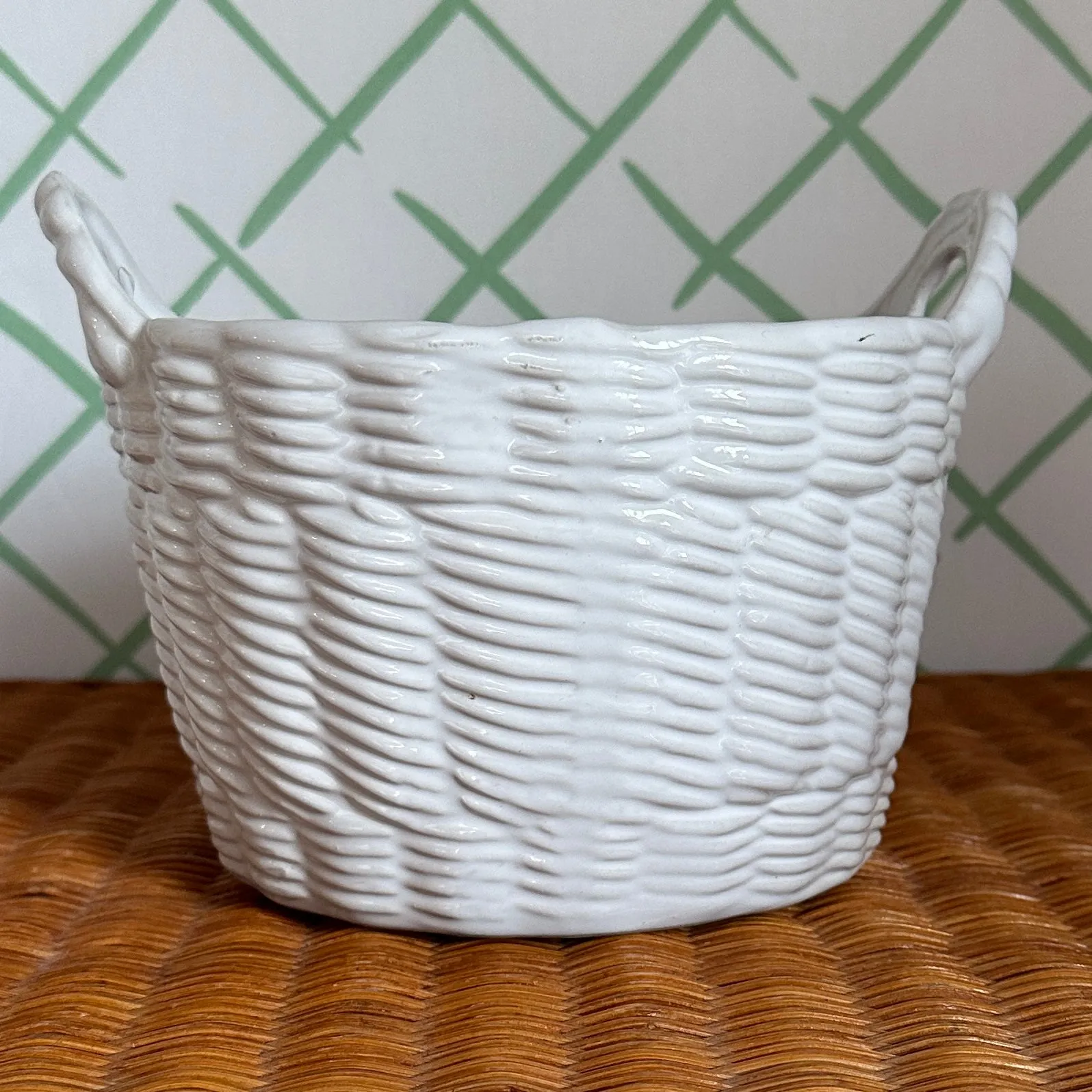 Vintage White Ceramic Portuguese Basketweave Cachepot